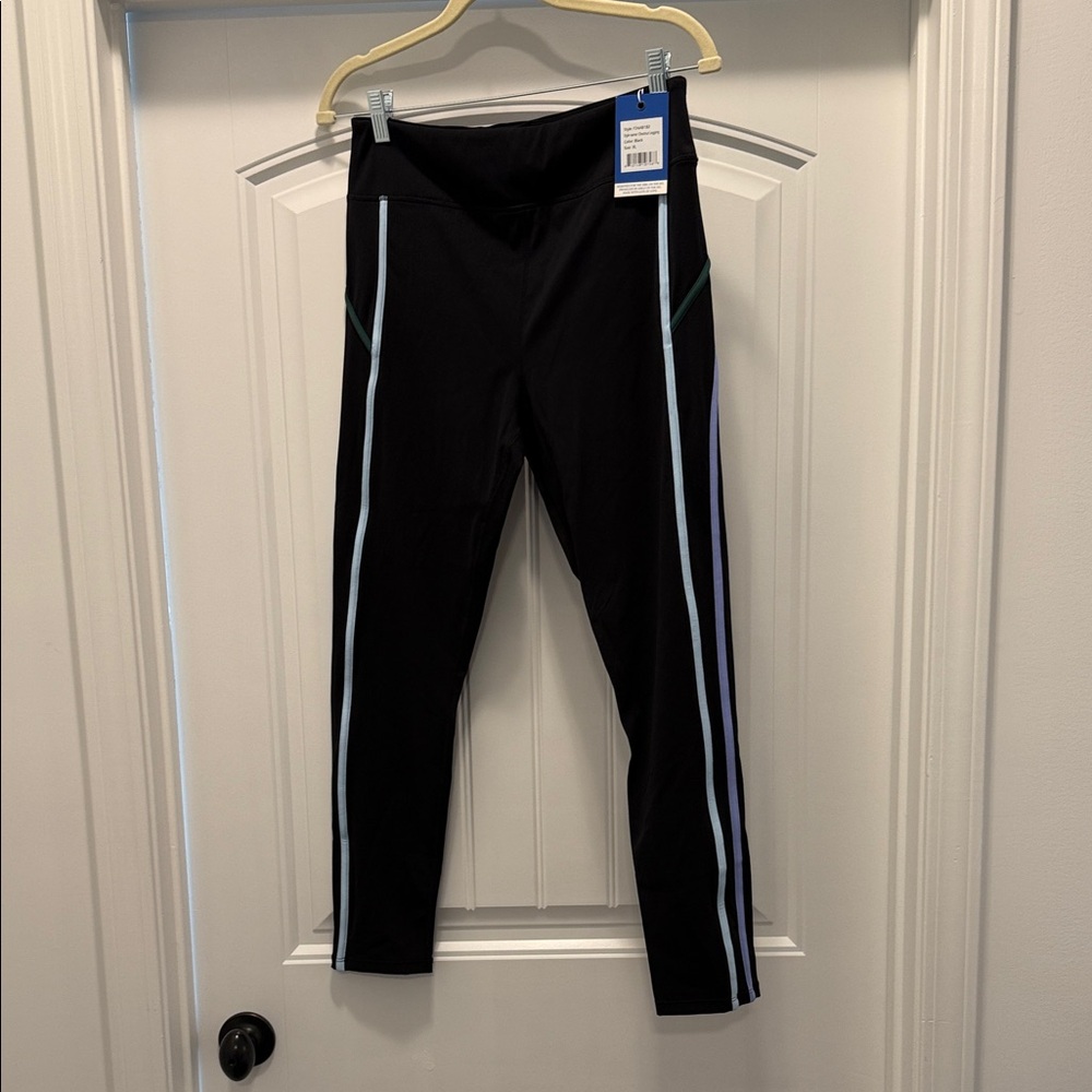 NWT ADDISON BAY Black Leggings with White and Green Stripes
